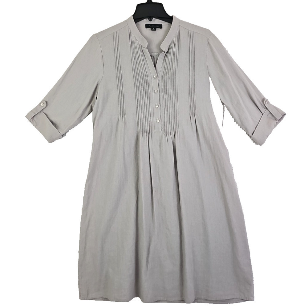 Tahari ~Woman Size S~ Gray Linen Blend Dress Pleated Coastal Roll-Up Sleeves. - Picture 5 of 15